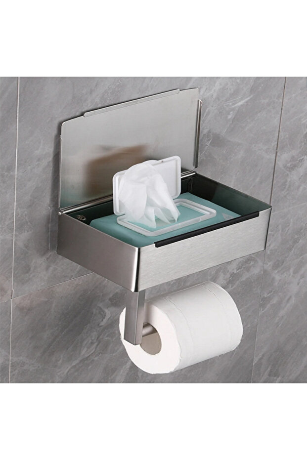 Silver Toilet Paper Holder with Shelf, Flushable Wipes Dispenser Fits for Bathroom Wipe Storage, Kee