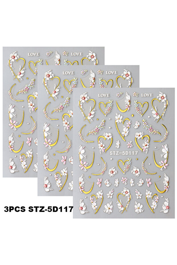 3PCS STZ-5D117 5D Embossed Kawaii Floral Gold Line Sliders Spring White Flowers Nail Stickers DIY Si