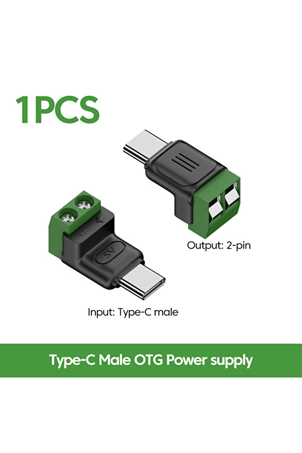 C Male Power Supply Type C Male 5V to 2 Pin Solderless Green Terminal Adapter Quick Connection Head
