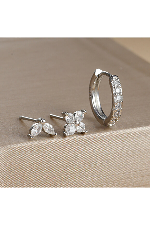 Silve-White-3pcs 3PCS Dainty Flower Stainless Steel Mini Stud Earrings Set for Women Zircon Gold Col