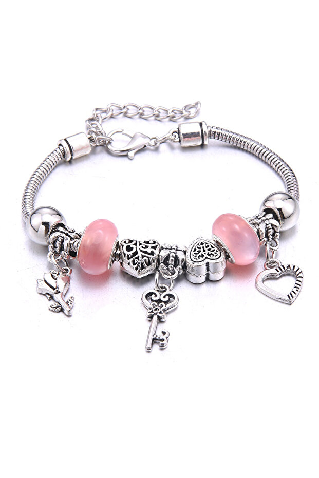 B3290-pink Pink Charm Bangle Lobster Buckle Snake Chain Beaded Bangles For Women Summer Romantic Gif