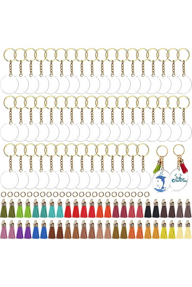 200PCS Gold 200Pcs Acrylic Keychain Blanks with Rings Clear Key Chains Round Clear Discs Circles Col