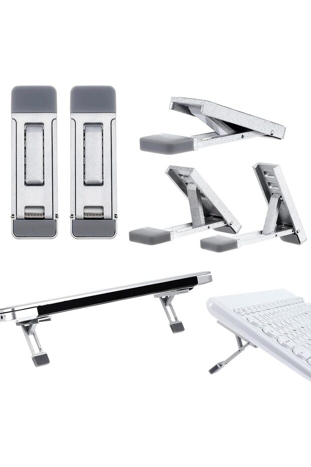 2 Pcs Silver Mini Portable Laptop Stand for Desk, Portable Keyboard Riser Three Tilt Angle Adjustabl