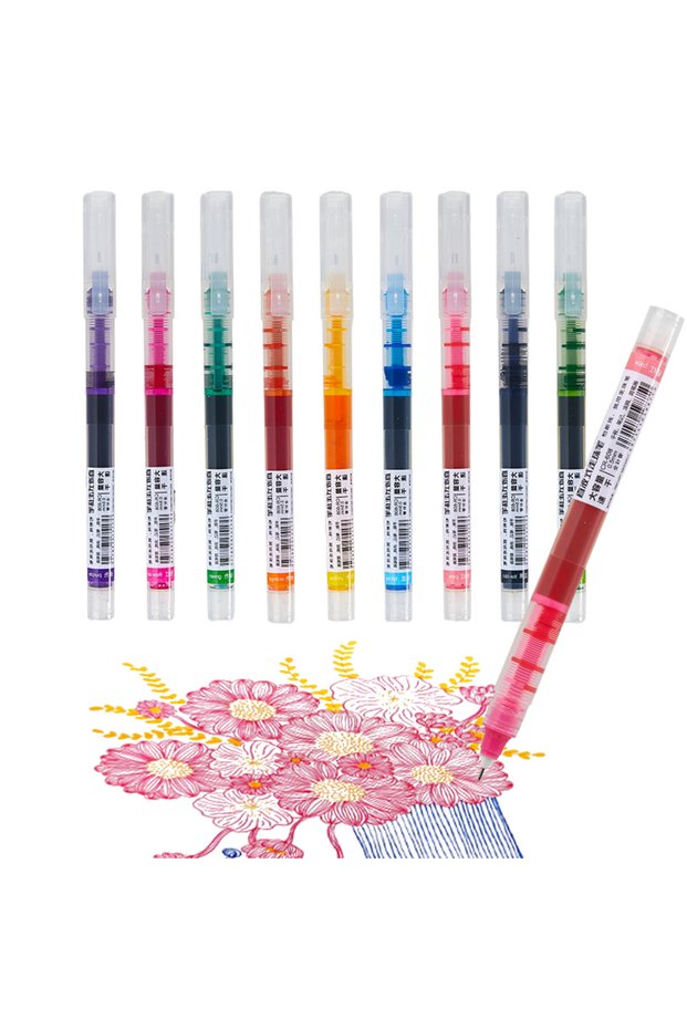 9pcs 9/12 Colors Quick-Drying Straight Liquid Rollerball Pens, Full-Needle Large-Capacity Gel Pens f