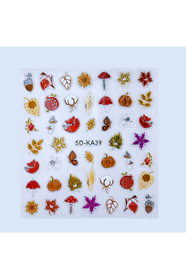 5D-KA39 5D Metallic Autumn Embossed Nail Stickers Fall Leaves Pumpkin Mushrooms Pine Cones Fox Adhes