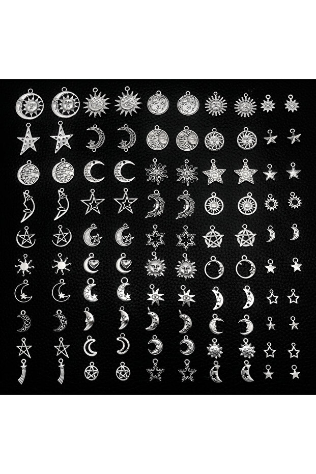 M417-102pcs 20/50/100pcs Mystical Celestial Charms Random Mix of Vintage Silver Stars, Moons & Suns