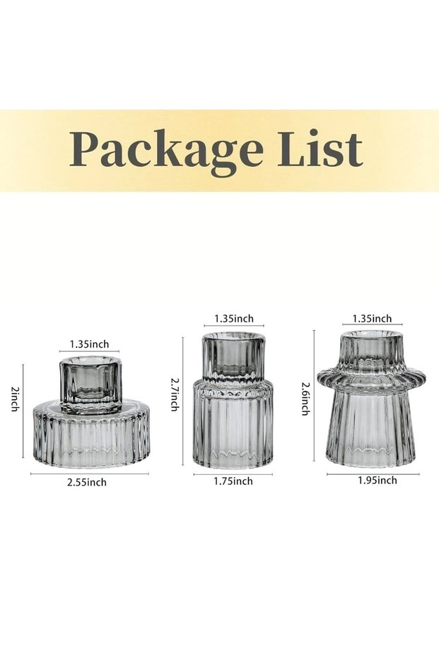 3Pcs Gray 3Pcs Double Sided Vintage Ribbed Taper Glass Candle Holders for Table Centerpieces, Weddin
