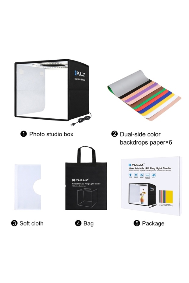 black PULUZ 25cm Folding Portable High 97 CRI Ring LED Light Photo Lighting Studio Shooting Tent Box