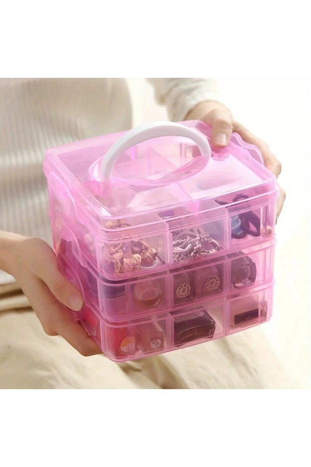pink 3-layer 18 Compartment Transparent Storage Box, Jewelry and Toy Storage Box, Suitable for Kitch