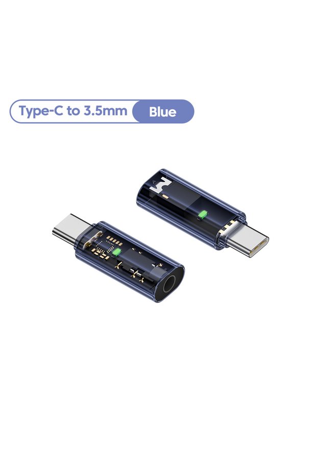 محول صوت USB C أزرق اللون من النوع C إلى مقبس سماعات رأس 3.5 ملم، موصل شفاف لفك التشفير لهاتف آيفون 1
