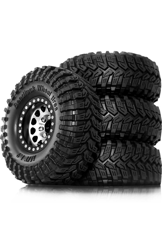 4pcs Silvery 4pcs 1.9'' Beadlock Wheels and Tires Rim Offset -8.9mm OD 4.53'' for 1/10 RC Crawler Ca