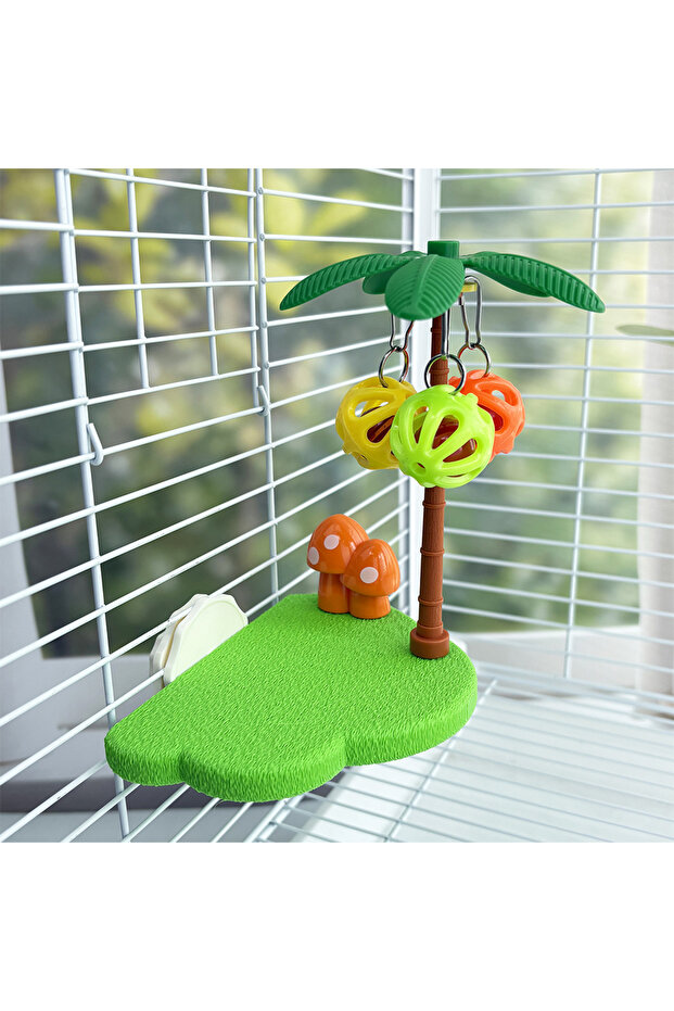 green Tropical Bird Perch Platform Bell Ball Palm Tree Interactive Toy Budgie Cockatiel Enrichment B