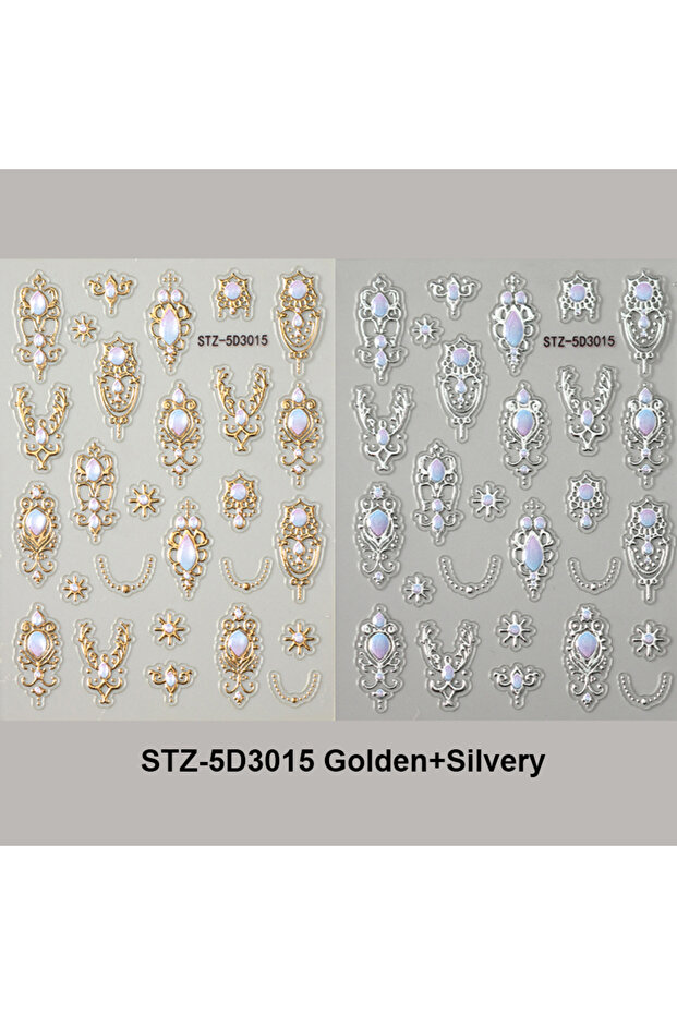 STZ-5D3015GoldSilver Luxury Golden Silvery Baroque Style Nail Embossed Stickers Y2K Metallic Retro E