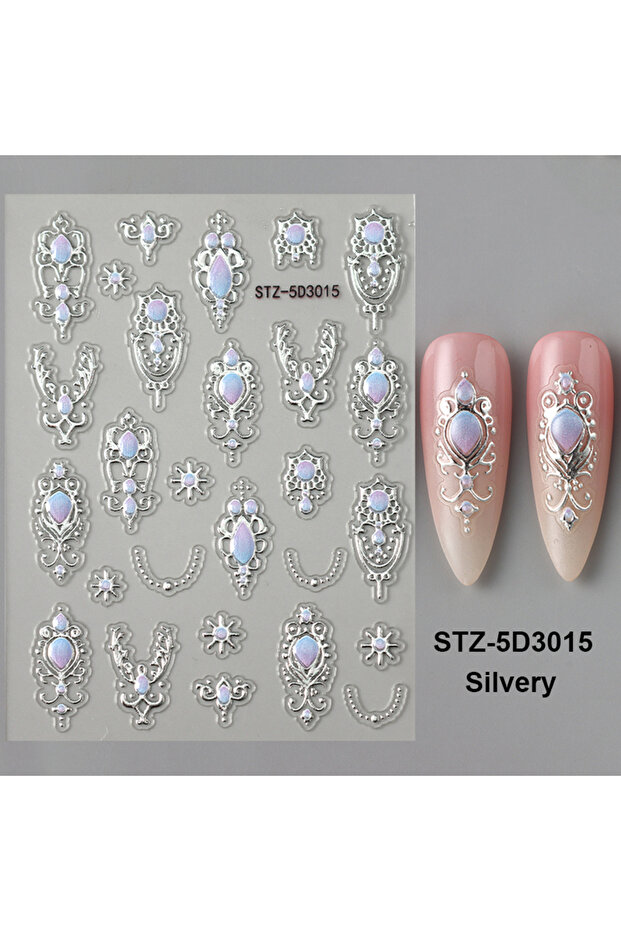 STZ-5D3015 Silver Luxury Golden Silvery Baroque Style Nail Embossed Stickers Y2K Metallic Retro Euro