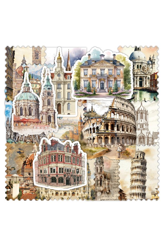 Building Sticker 50 Pcs Retro Stickers, World Travel Famous Architecture Stickers for Luggage Water