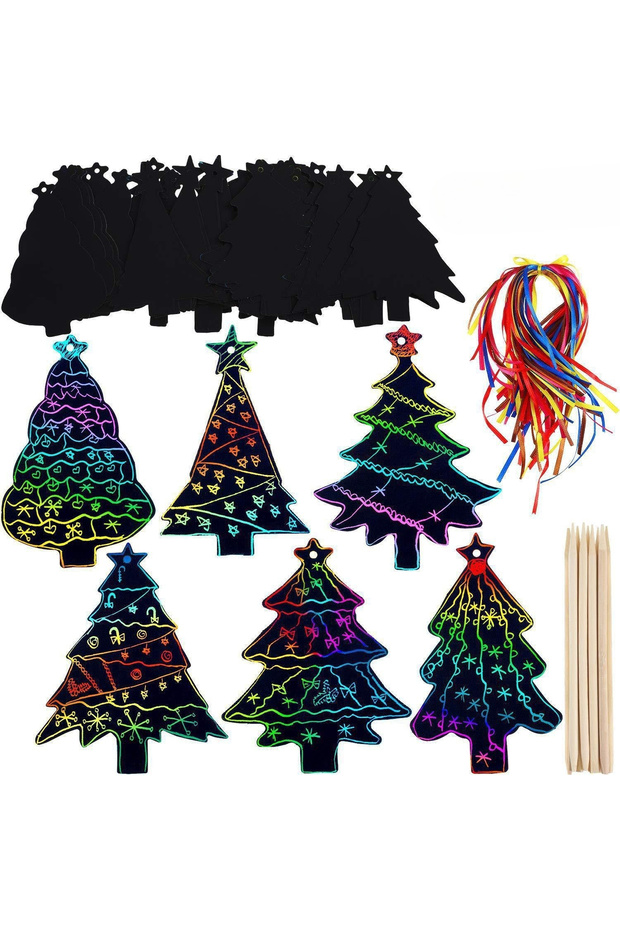 A 24pcs 12/24pcs Rainbow Scratch Art Paper - DIY Christmas Ornaments & Party Favors - Tree Pattern,