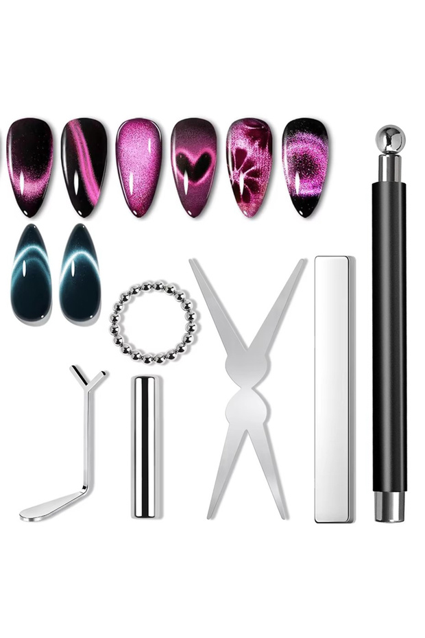 Black 6Pcs Nail Magnet Tool Set Cat Eye French Tips Cat Eye Heart Magnets Nail Magnet Stick Cat Eye