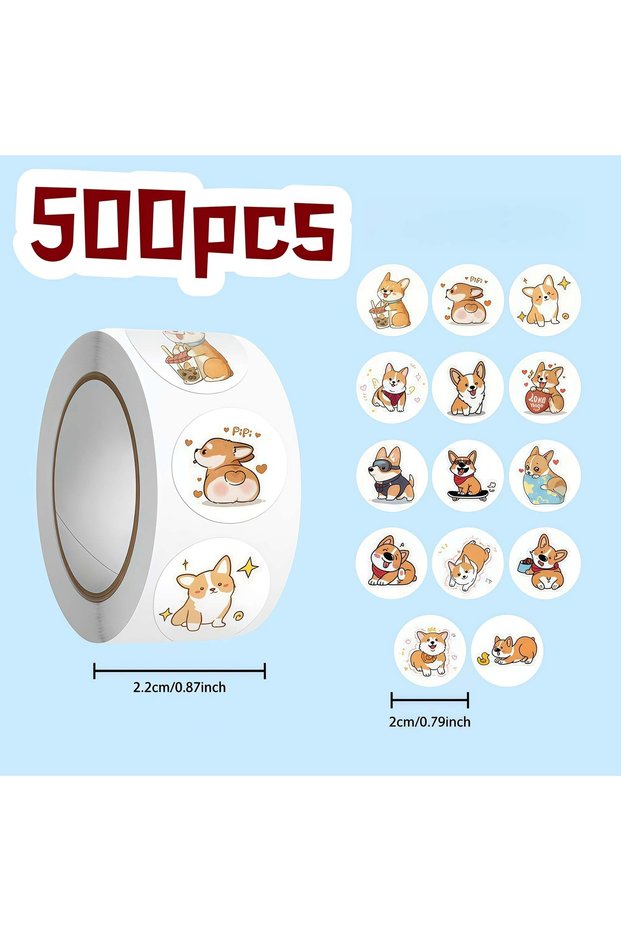 YELLOW 500Pcs Short-Legged Corgi Kawaii Sticker Roll, Cute Cartoon Dog Decals for DIY, Journal & Gif
