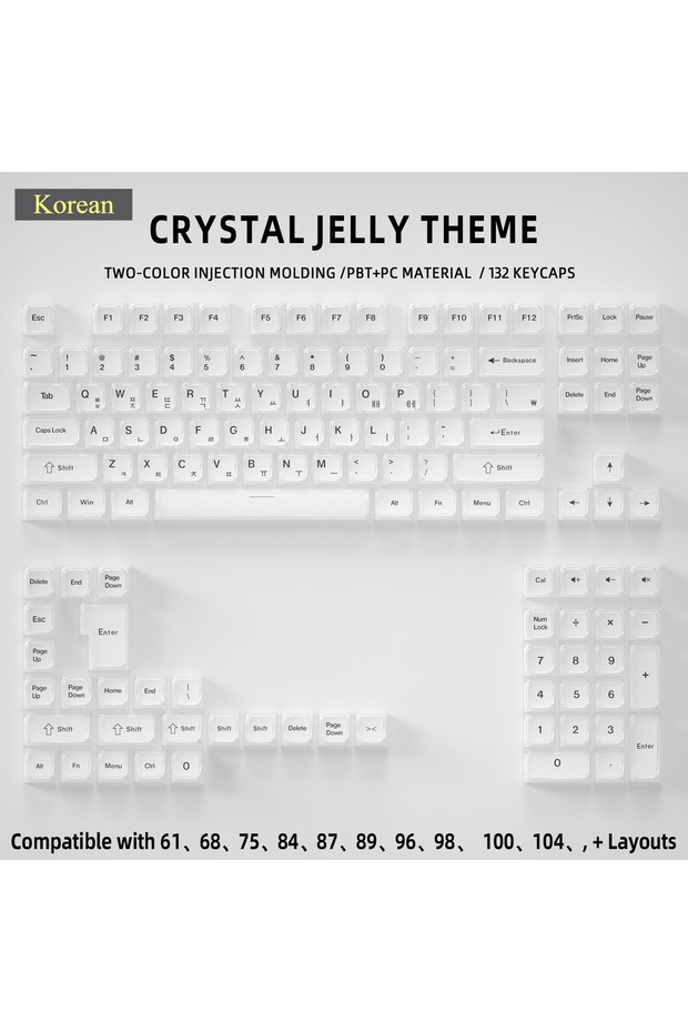 White-Korean-Top Korean English Crystal Jelly Side Front Printed Keycaps for Mechanical Keyboard 60