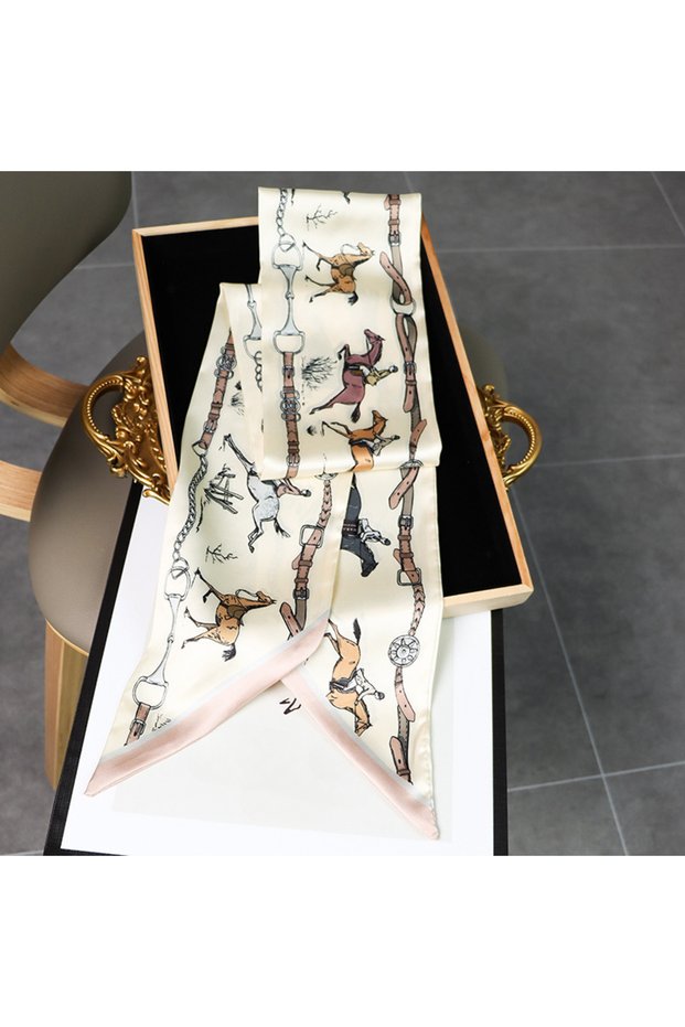 XJ-1 Elegant Horse Print Scarf Graphic Ribbon For Women Soft Cozy Imitation Silk Scarf Versatile Nec