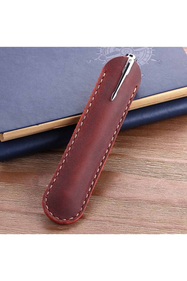 Burgundy Retro Handmade Genuine Leather Pencil Bag Cowhide Metal Fountain Pen Holders Case Pouch Bus