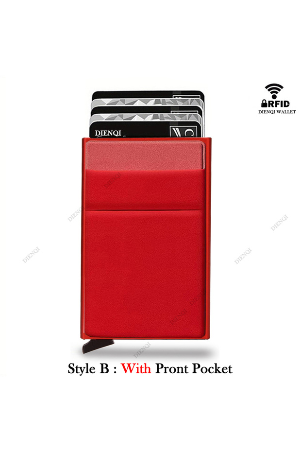 Red B Rfid Holder Wallet Metal Thin Slim Bank Card Case Men Women Pop Up Minimalist Wall