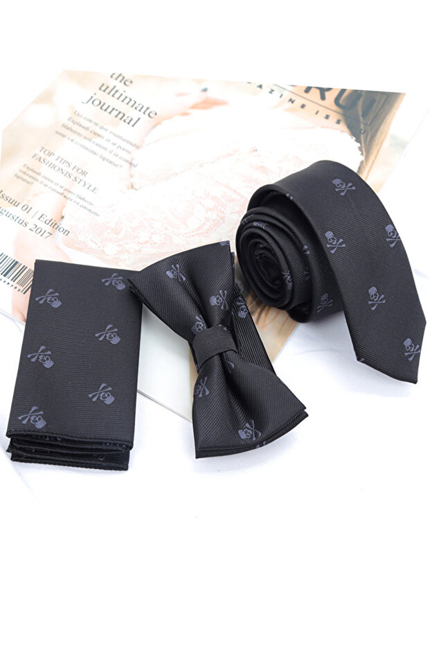 black 3 PCS Neck Tie Set Men Bow Tie and Cravat Bowtie Slim Necktie Skeleton Man Ties for Men 1200 N