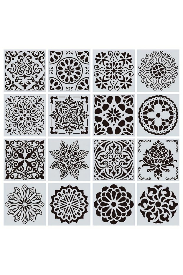 WHITE 16Pcs 15*15cm Mandala Painting Stencils DIY Drawing Scrapbook Wall Stencil Painting for Wood F