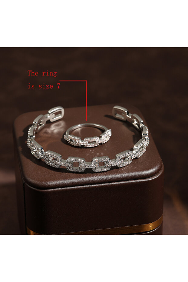 Sliver Color S62 ZAKOL New Geometric Buling AAA Zirconia Ring Bangle Set for Women Shiny Crystal Lux