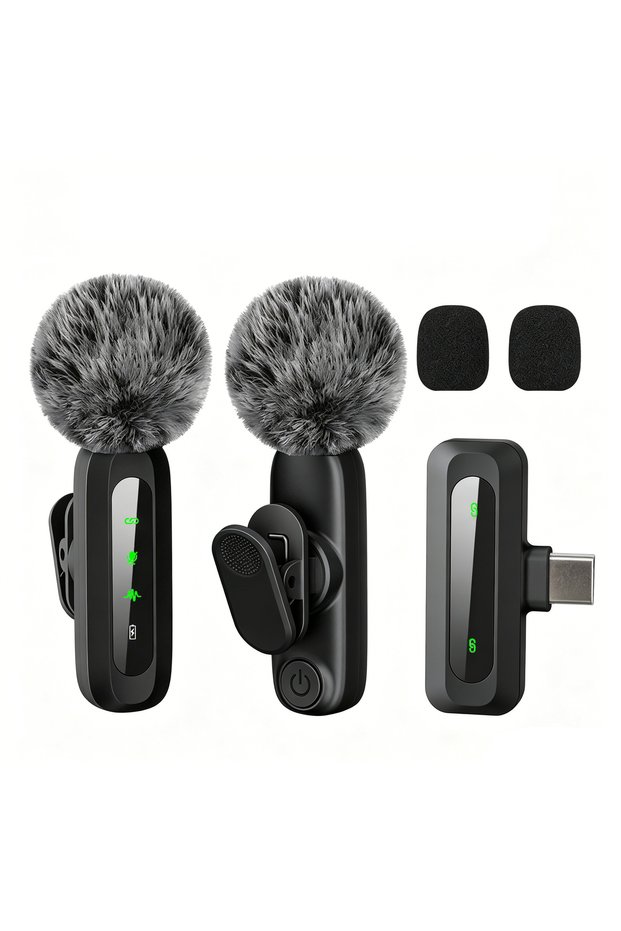 Black 1to2 Type C Type-C Port Wireless Lavalier Microphone, Noise Cancelling Lapel Mic,for iPhone15+