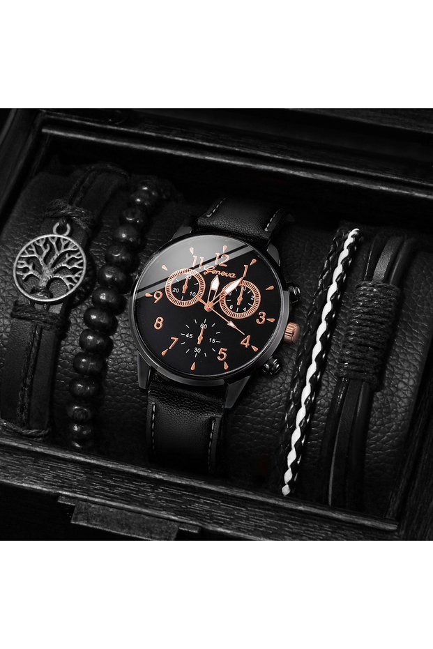5PCS Set B No Box 5PCS/4PCS Fashion Men's Business Watches Casual Leather Band AnalogQuartz Watch Vi