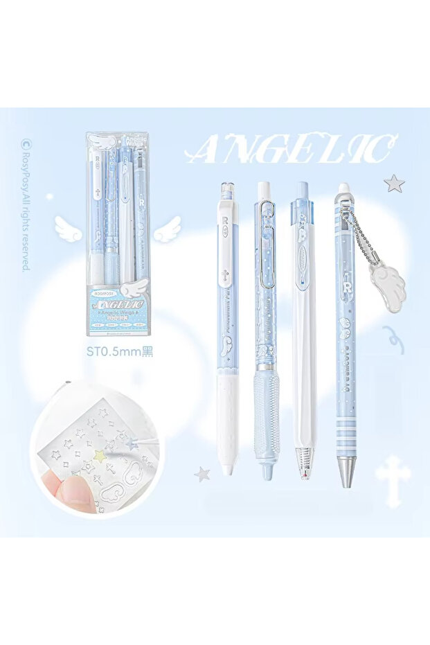 TSB-Sky blue 4pcs/set Pearl Angel Gel Pen Set Cute Exam Pens with Wing Design Kawaii Cartoon 0.5mm B