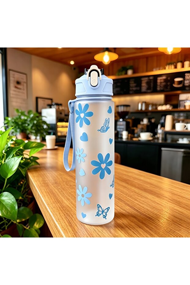 Blue Frosted 800ml/27oz Large Capacity Sports Water Bottle Leak Proof Plastic Drinking Cup With Time