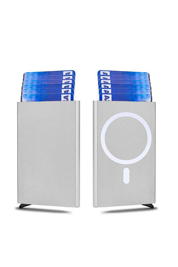 Silver RFID Blocking Magnetic Card Holder Men Women Automatic Pop-up Aluminum Alloy Wallet for Phone