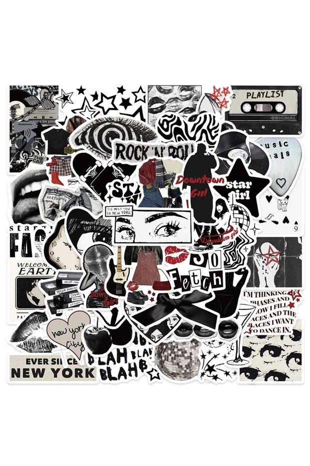 Multicolor 50Pcs 90s 00s Retro Black And White Y2K Girls Stickers Downtown Girls Stickers For Laptop