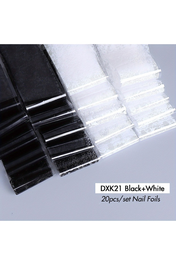 DXK21 Black White 10/20pcs Elegant Black White Lace Flowers Nail Transfer Foils Fantasy Retro Floral