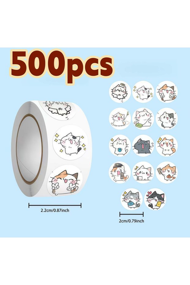 green 500Pcs Cute Cartoon Cat Expression Round Sticker Roll, Multi Funny Kitten Pattern Labels for P