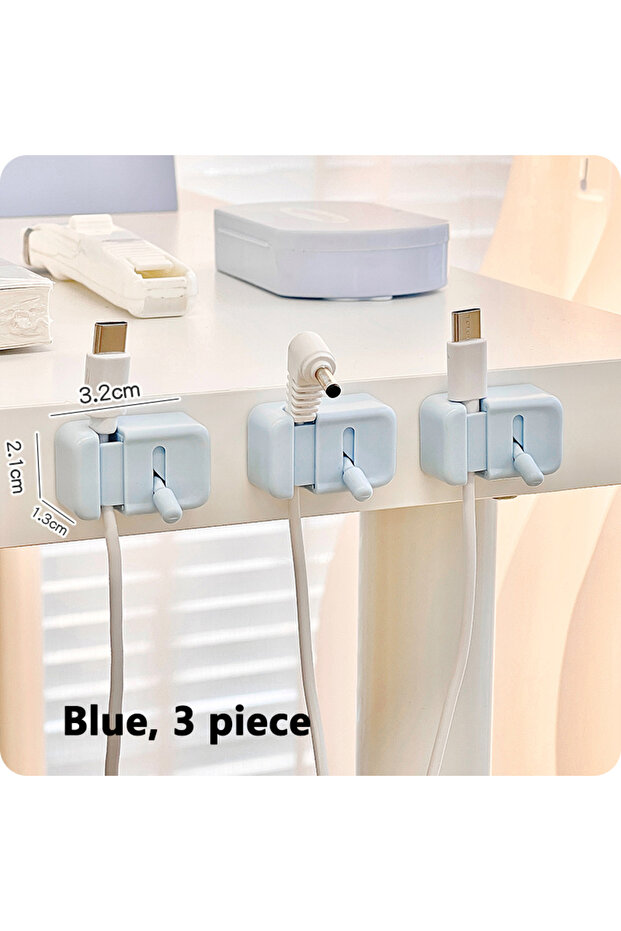 Blue 3 piece Cable Management Clip For Desk - Simple No-Drill Edge-Mounted Cord Organizer For Chargi