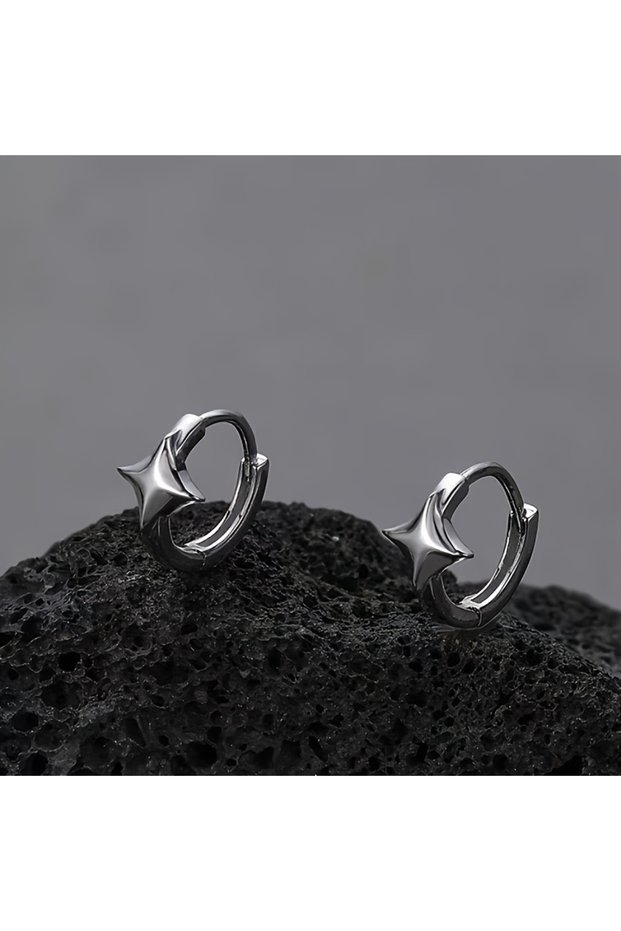 WF4194-1 Four-pointed Star Cross Small Hoop Earrings for Men Women Hip Hop Retro Black Silver-color