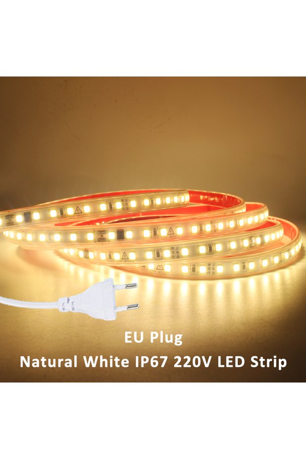 2m NW EU Plug 220V LED Strip Light SMD2835 120LEDs/m Waterproof Tape Lamp with EU Plug 1M 2M 3M 5M 1