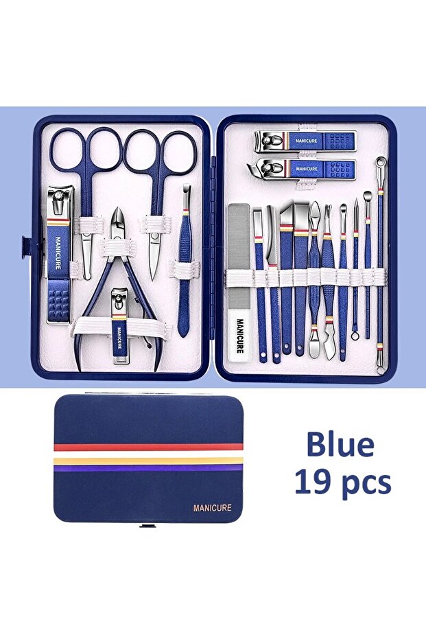 Blue 19 pcs 9-19pcs/set Nail Cutter Set Stainless Steel Nail Clippers Set With Folding Bag Manicure