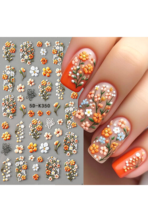 5D-K350 5D Daisy Embossed Nail Stickers Spring Fresh Floral Designs Acrylic Five-Petal Flower Self-A