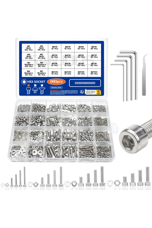 880pcs 880pcs Stainless Steel Hex Socket Nut & Bolt Set Durable M2 M3 M4 M5 Sizes Includes Flat Wash