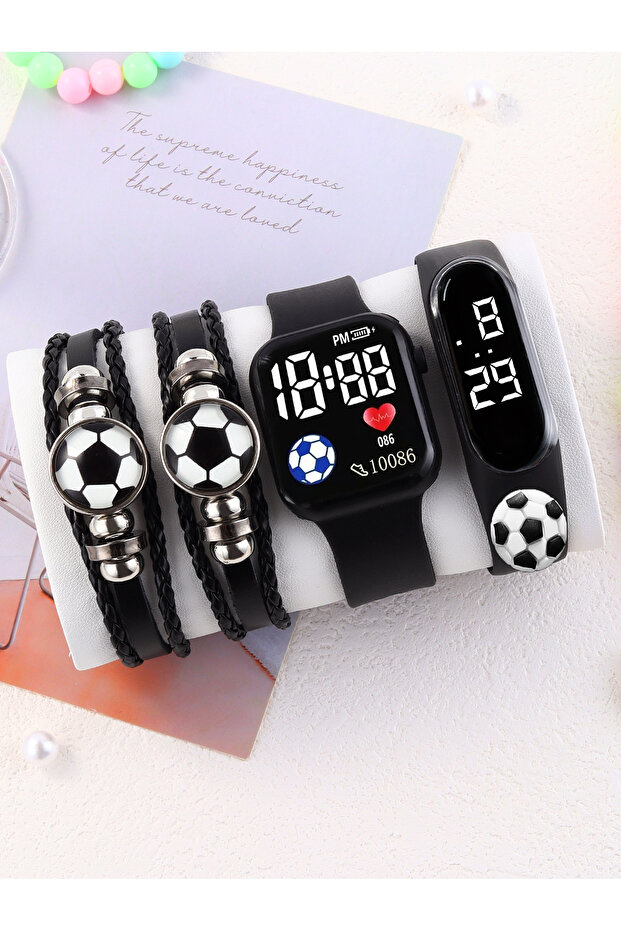 black Leisure Sports Wind Rectangular Oval Silicone Electronic Watch with Football Leather Bracelet