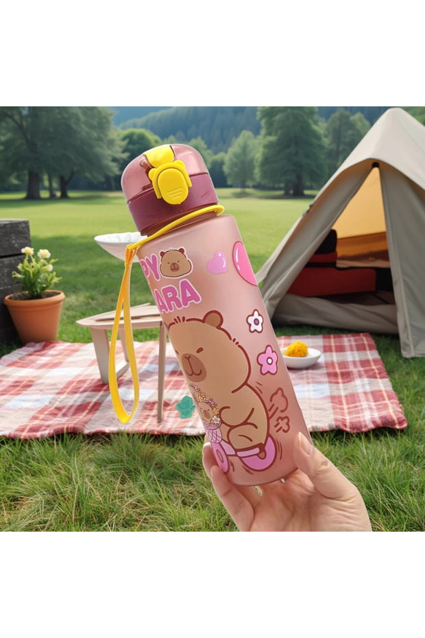 Red 750ml Cute Cartoon Capybara Water Bottle Leakproof Plastic Straw Cup Portable Outdoor Travel Lar