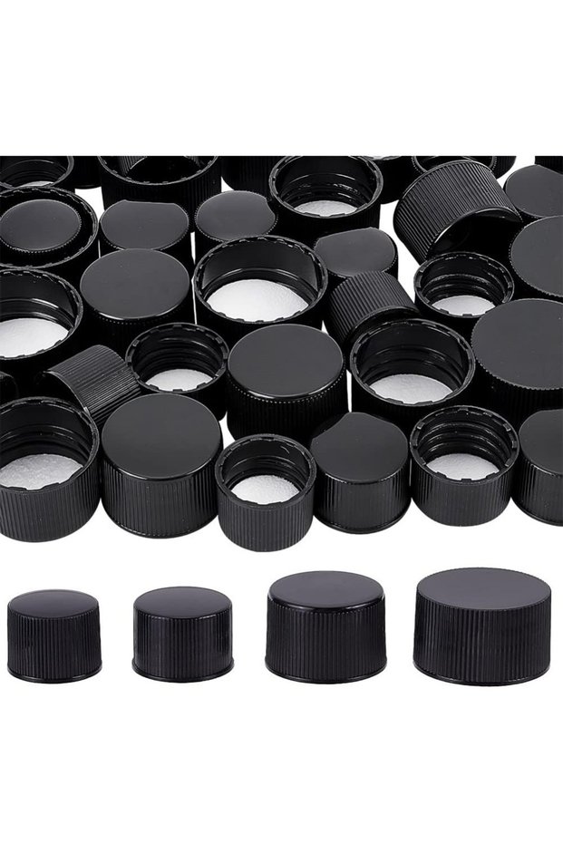 AECH08-05406 56Pcs Black Plastic Screw Caps with Foam Liner 4 Style 18mm/24mm/28mm Flat Round Bottle