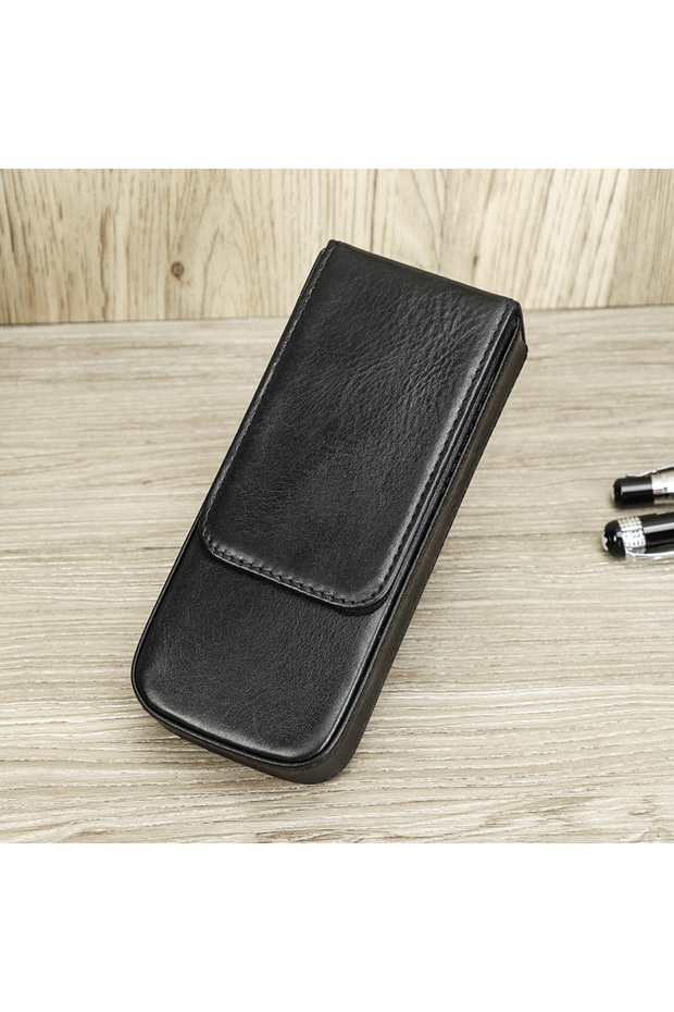 black Luxury Genuine Leather 3 Slots Pen Case With Removable Pen Tray Holder Pencil Case Office Scho