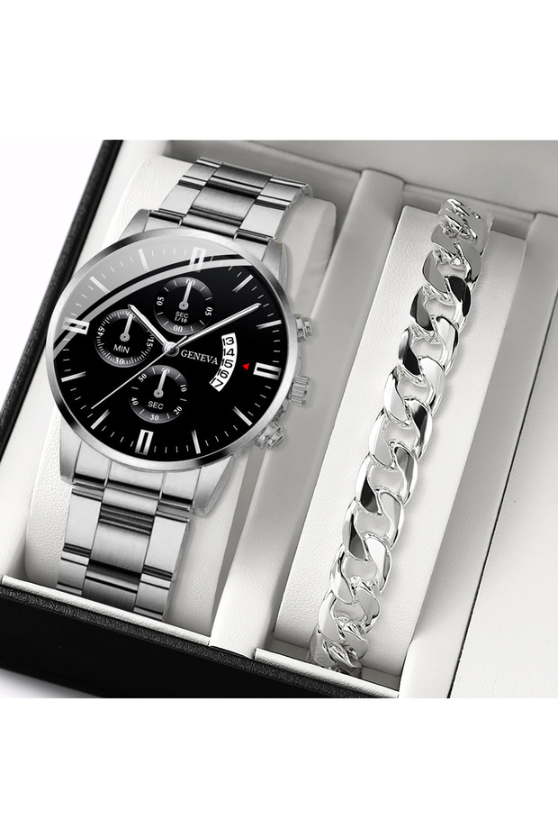Silver Set No Box 2PCS Men Business Watches Fashion Steel Band Quartz Watch Male Calendar Watch Brac