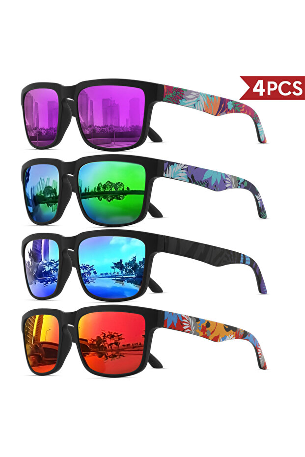 4PCS-7 4PCS Square Sports Sunglasses with Designer Temple Pattern - UV400 for Men Women, Beach Vacat