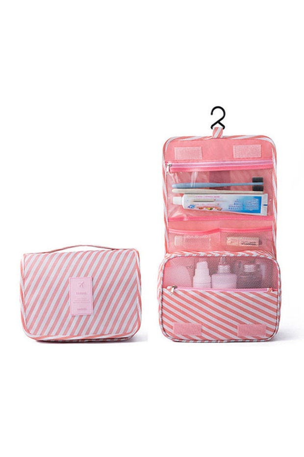 Pink Stripes Multifunctional Travel Hook Wash Bag Cosmetics Storage Bag Waterproof Toiletries Beauty